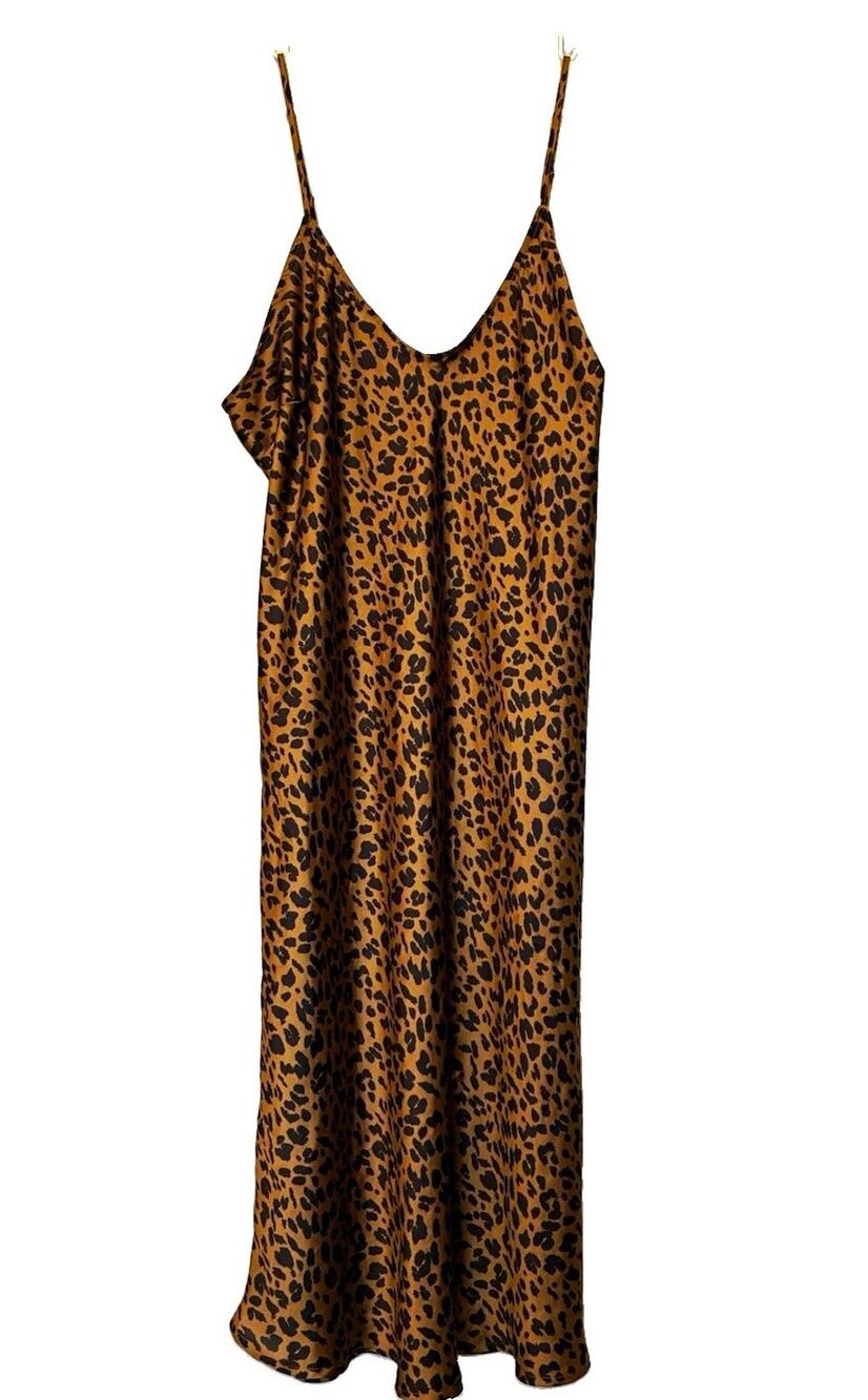 A New Day Brown Black Leopard Print Satin V-Neck Strappy Slip Maxi Dress XL